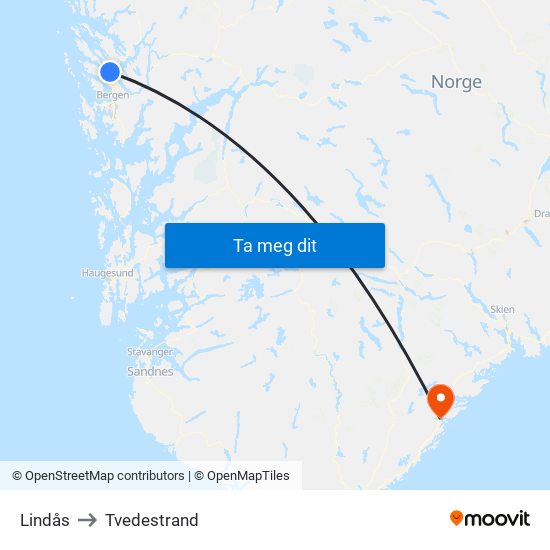 Lindås to Tvedestrand map