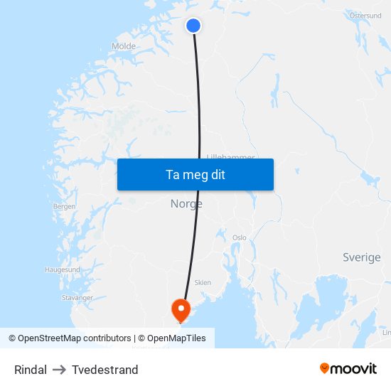 Rindal to Tvedestrand map