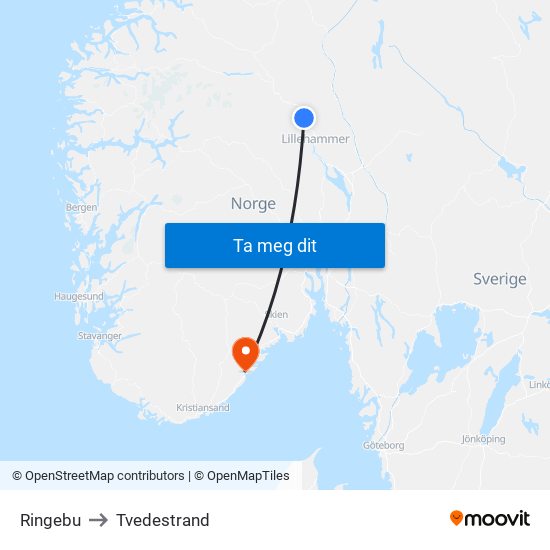 Ringebu to Tvedestrand map