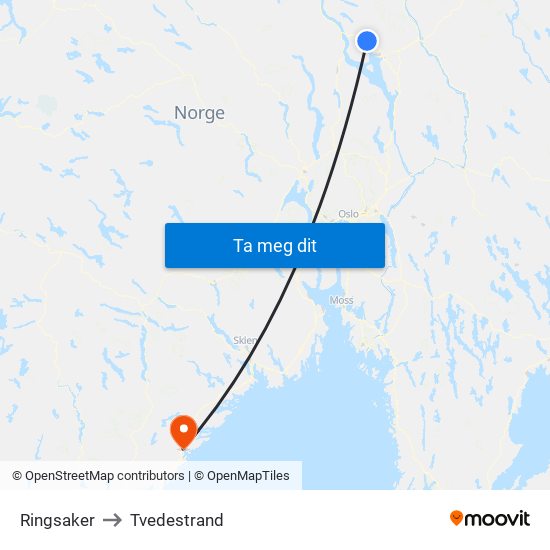 Ringsaker to Tvedestrand map