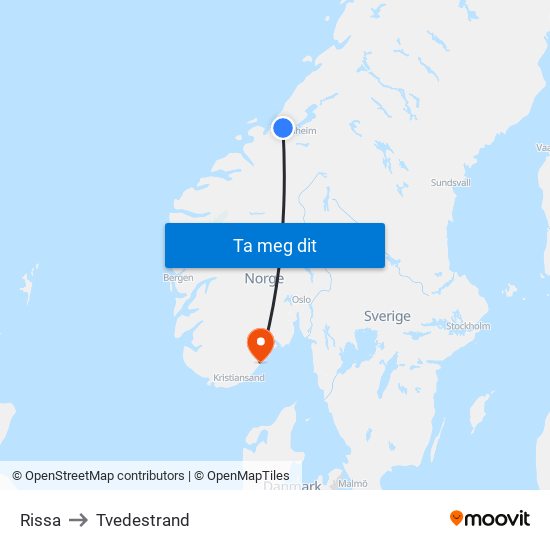 Rissa to Tvedestrand map