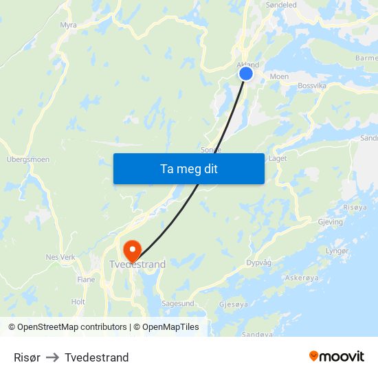 Risør to Tvedestrand map