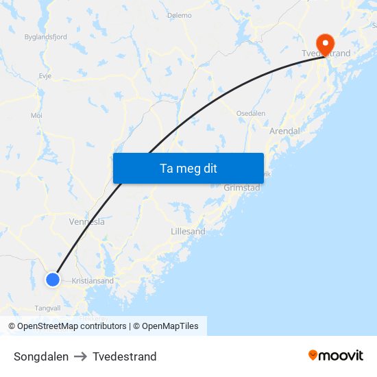 Songdalen to Tvedestrand map