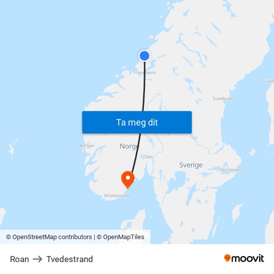 Roan to Tvedestrand map