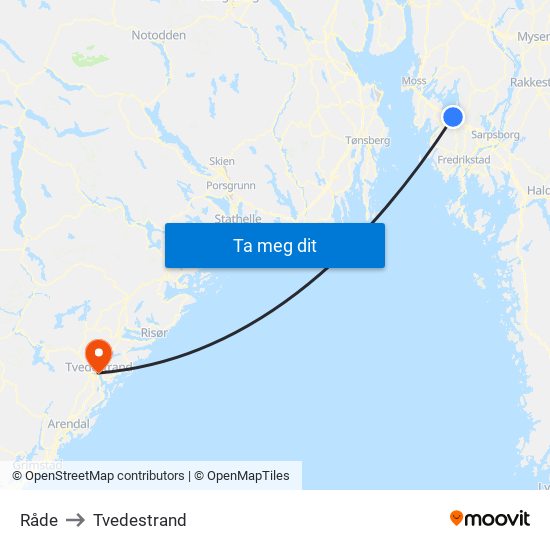 Råde to Tvedestrand map