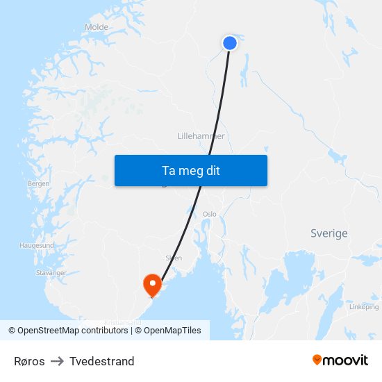 Røros to Tvedestrand map