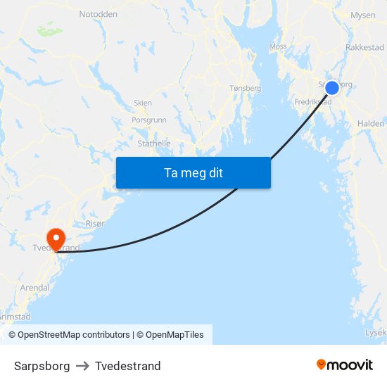 Sarpsborg to Tvedestrand map