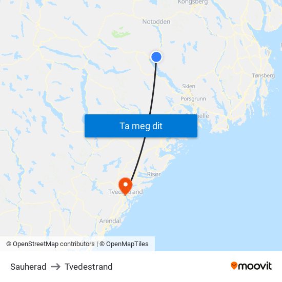 Sauherad to Tvedestrand map