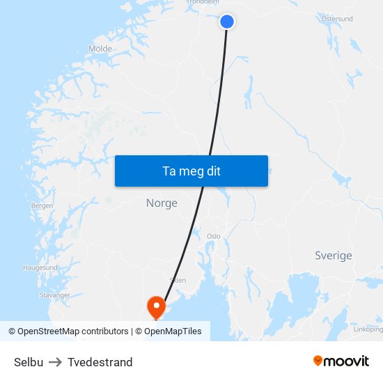 Selbu to Tvedestrand map