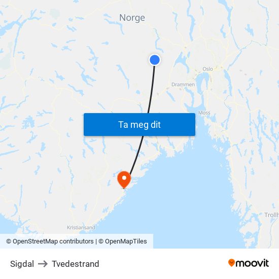 Sigdal to Tvedestrand map