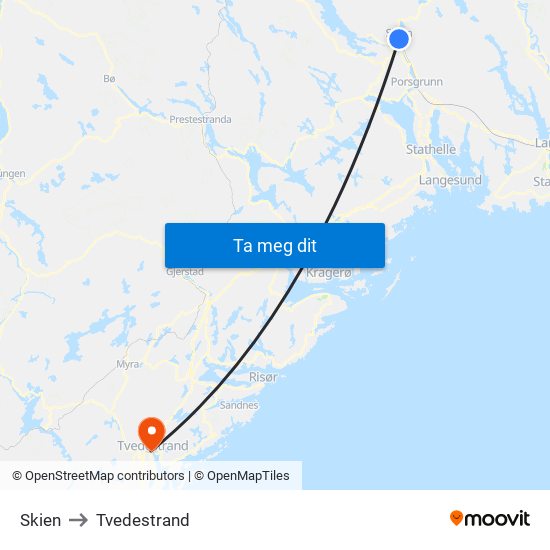 Skien to Tvedestrand map