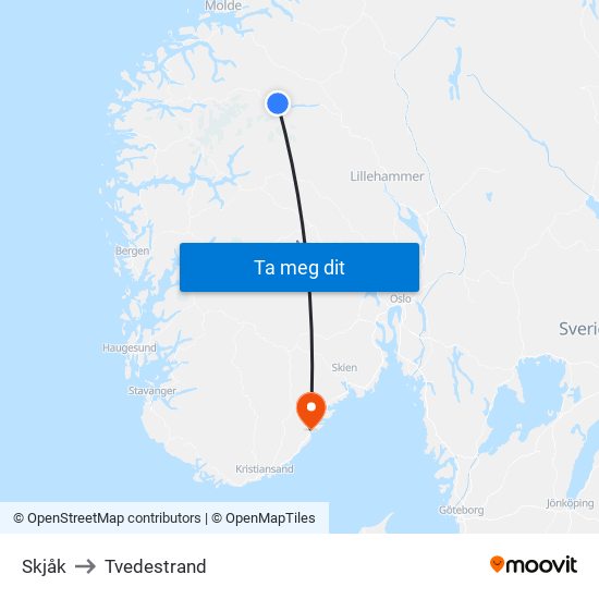 Skjåk to Tvedestrand map