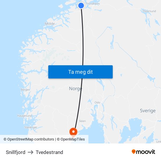 Snillfjord to Tvedestrand map