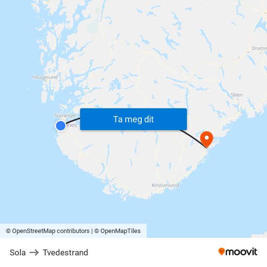 Sola to Tvedestrand map