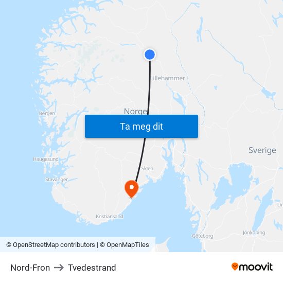 Nord-Fron to Tvedestrand map