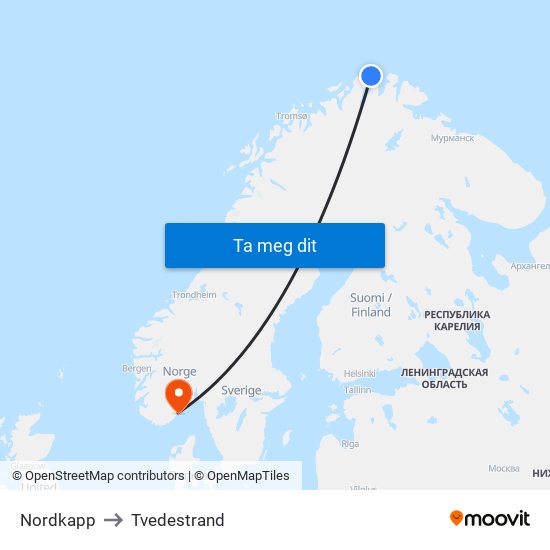Nordkapp to Tvedestrand map
