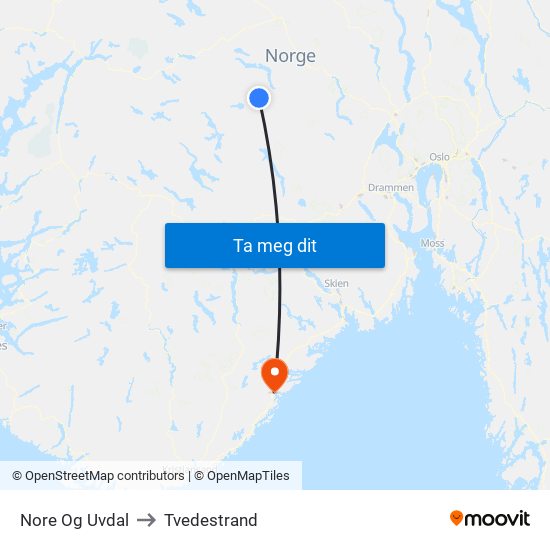 Nore Og Uvdal to Tvedestrand map