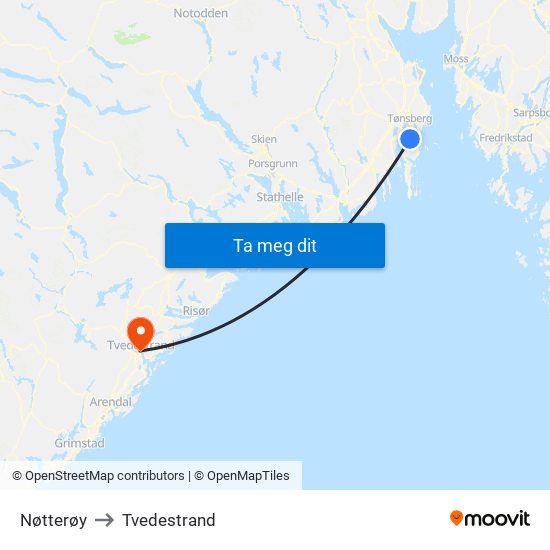 Nøtterøy to Tvedestrand map