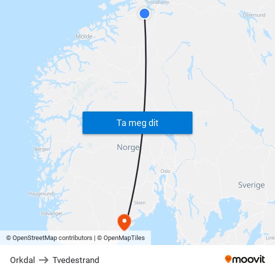 Orkdal to Tvedestrand map