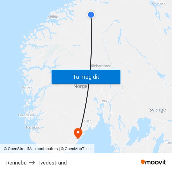 Rennebu to Tvedestrand map