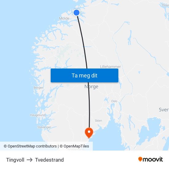 Tingvoll to Tvedestrand map