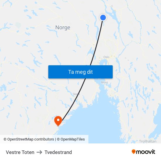 Vestre Toten to Tvedestrand map