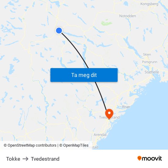 Tokke to Tvedestrand map