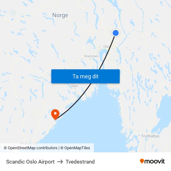 Scandic Oslo Airport to Tvedestrand map