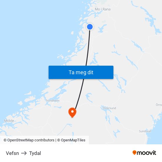 Vefsn to Tydal map