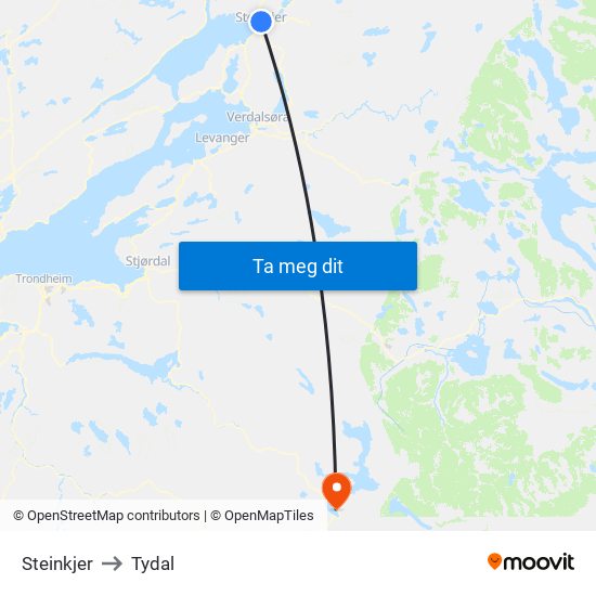 Steinkjer to Tydal map