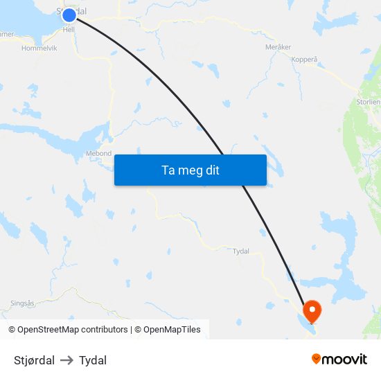 Stjørdal to Tydal map