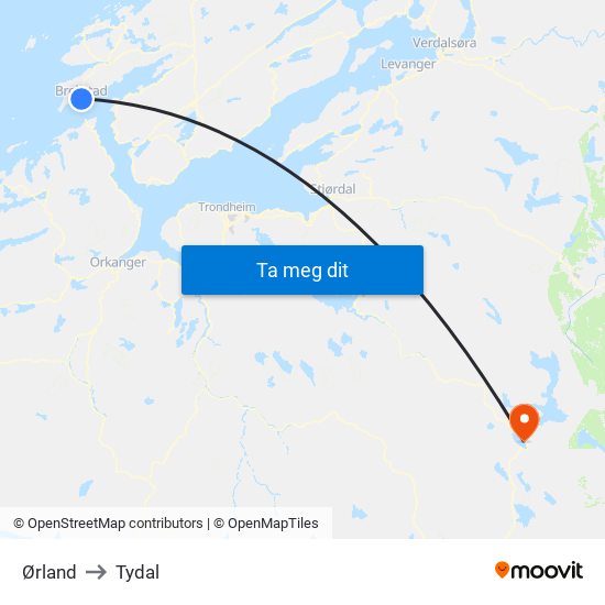 Ørland to Tydal map