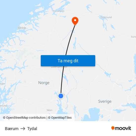 Bærum to Tydal map