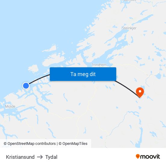 Kristiansund to Tydal map