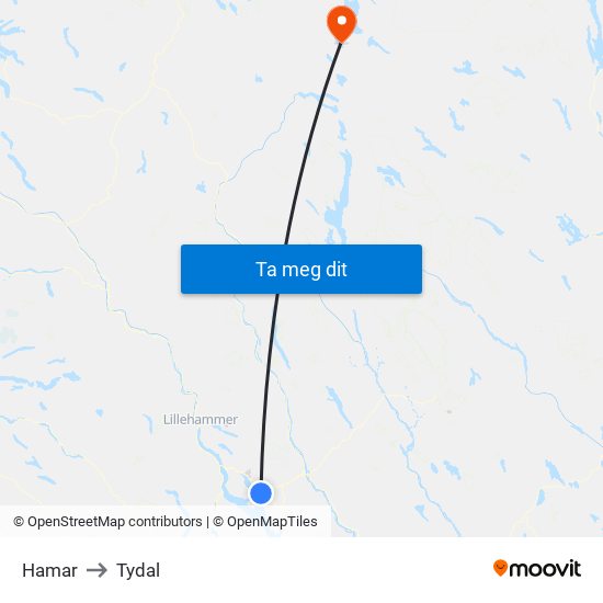 Hamar to Tydal map