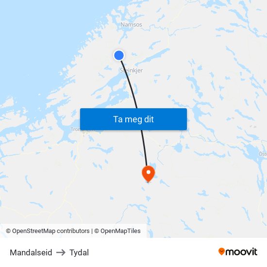 Mandalseid to Tydal map