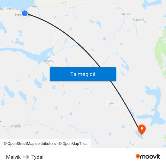 Malvik to Tydal map