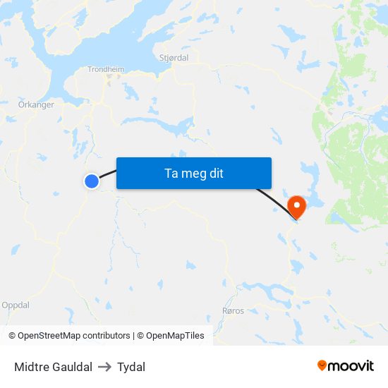 Midtre Gauldal to Tydal map