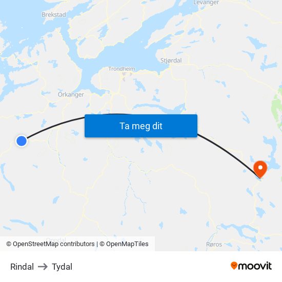 Rindal to Tydal map