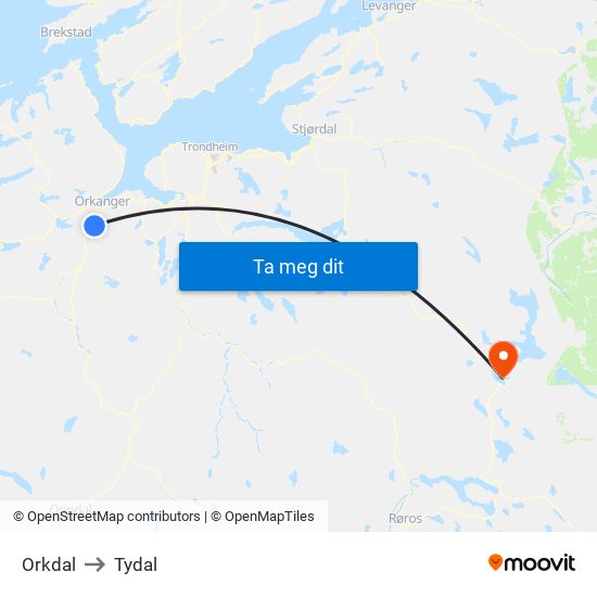 Orkdal to Tydal map