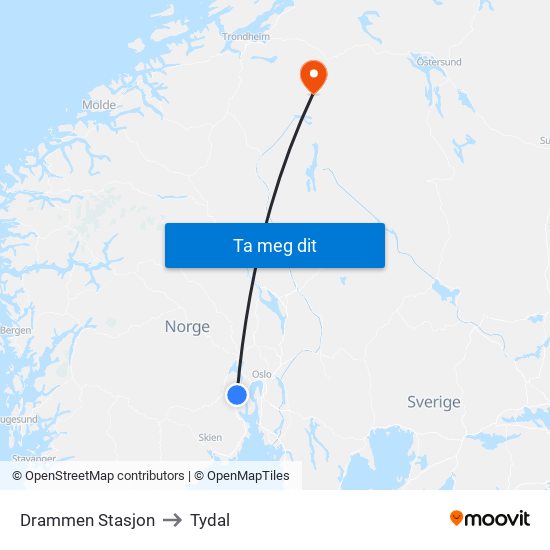 Drammen Stasjon to Tydal map