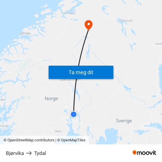 Bjørvika to Tydal map