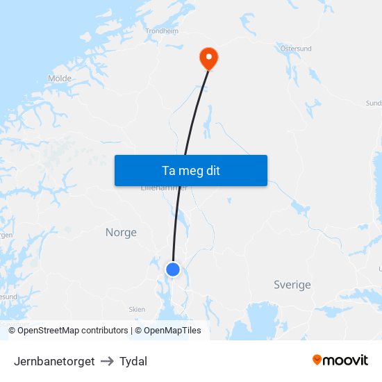 Jernbanetorget to Tydal map