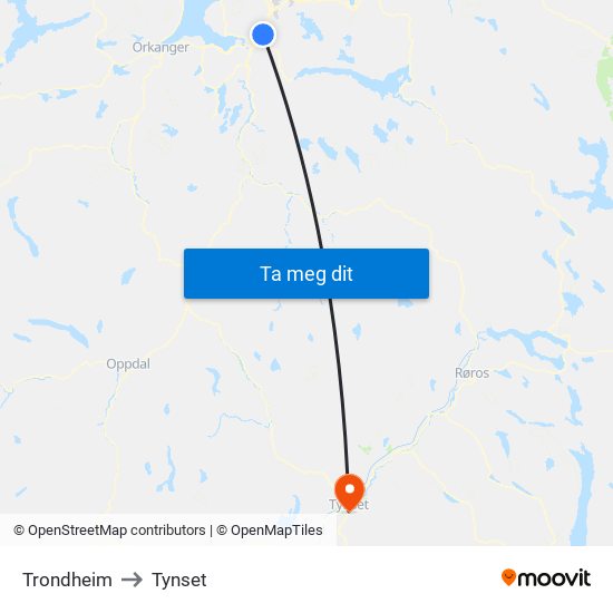 Trondheim to Tynset map