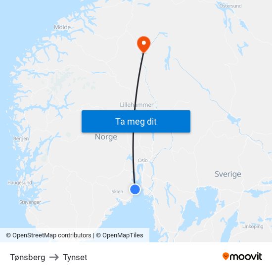 Tønsberg to Tynset map