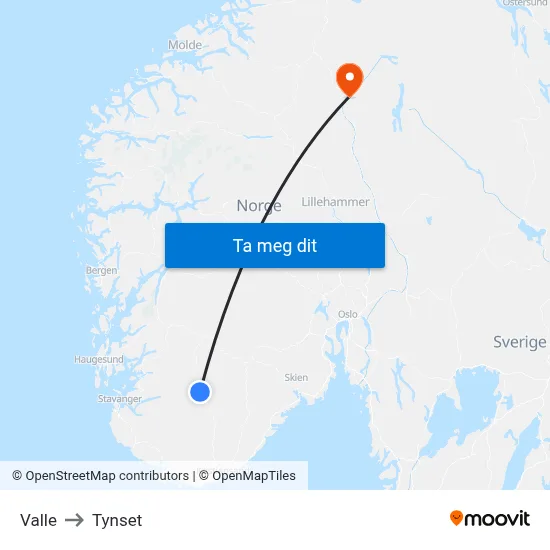Valle to Tynset map