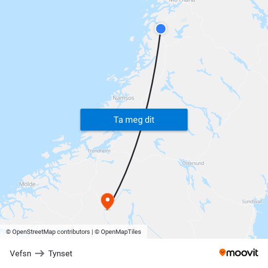 Vefsn to Tynset map