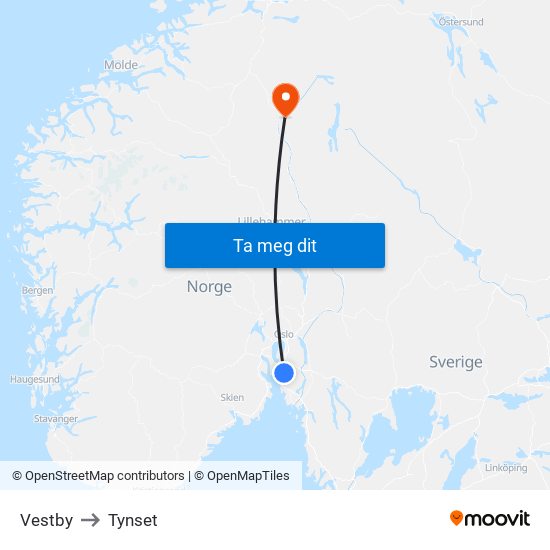 Vestby to Tynset map