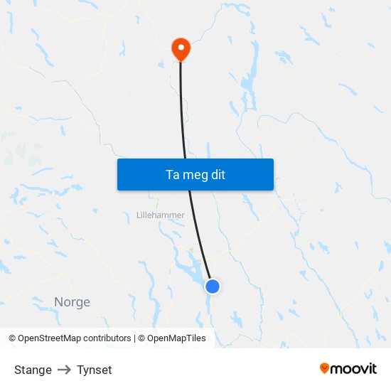 Stange to Tynset map