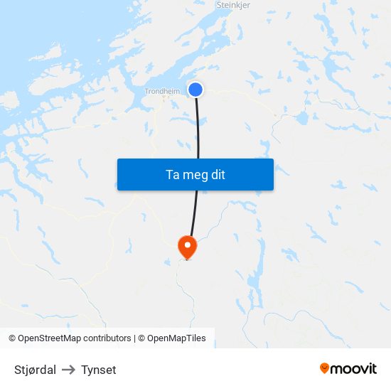 Stjørdal to Tynset map